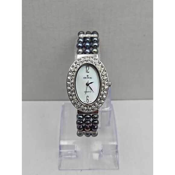 Croton Womens Iridescent Black Pearl Watch Crystal Pave Bracelet New Battery - Picture 1 of 10